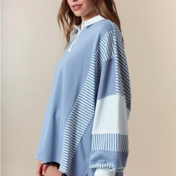 Fantastic Fawn NIP Blue Color Block Top with Stripe Point Collar - Picture 3 of 5